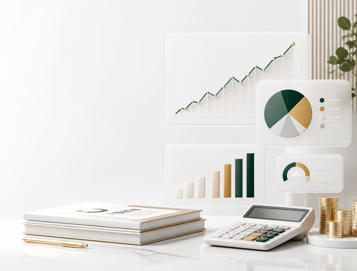 Modern finance dashboard with charts, calculator and reports representing INDUNA's tax and accounting services